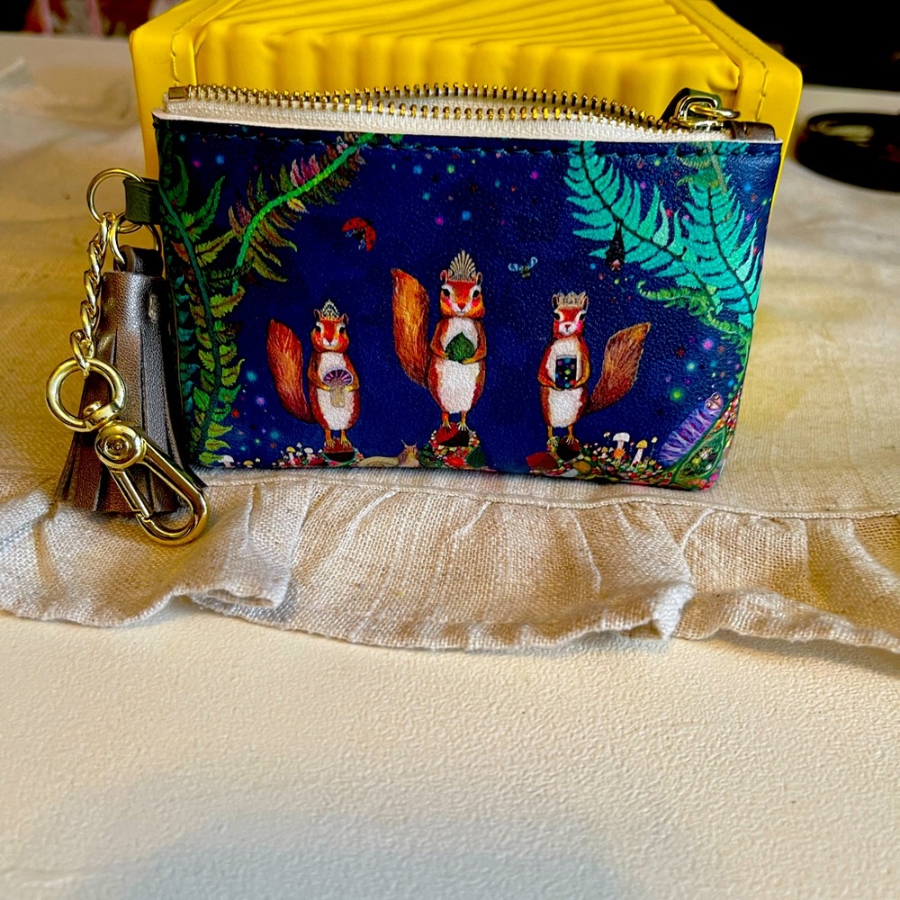 Green box zip around coin wallet with card slots and a key chain